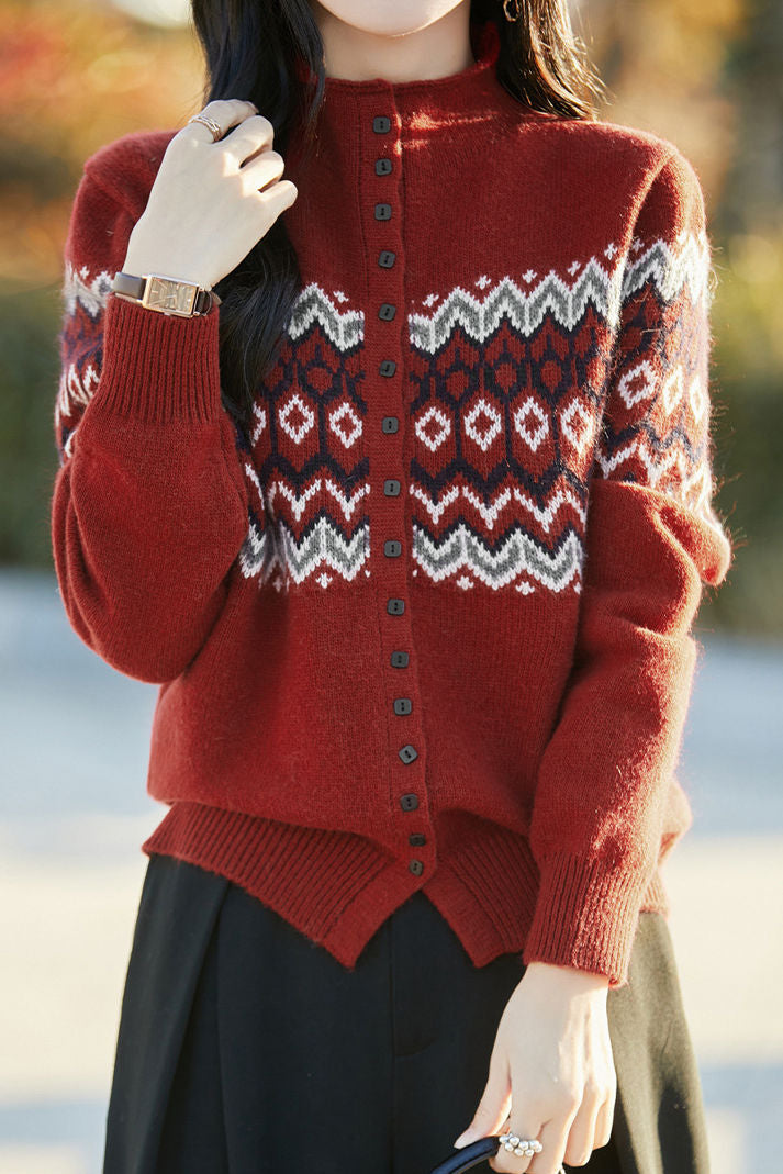 Casual Retro Color-Block Long-Sleeve Knitted Cardigan - liwisi