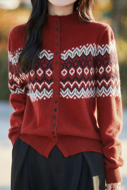 Casual Retro Color-Block Long-Sleeve Knitted Cardigan - liwisi