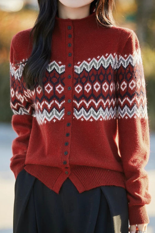 Casual Retro Color-Block Long-Sleeve Knitted Cardigan - liwisi