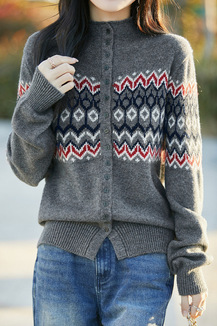 Casual Retro Color-Block Long-Sleeve Knitted Cardigan - liwisi