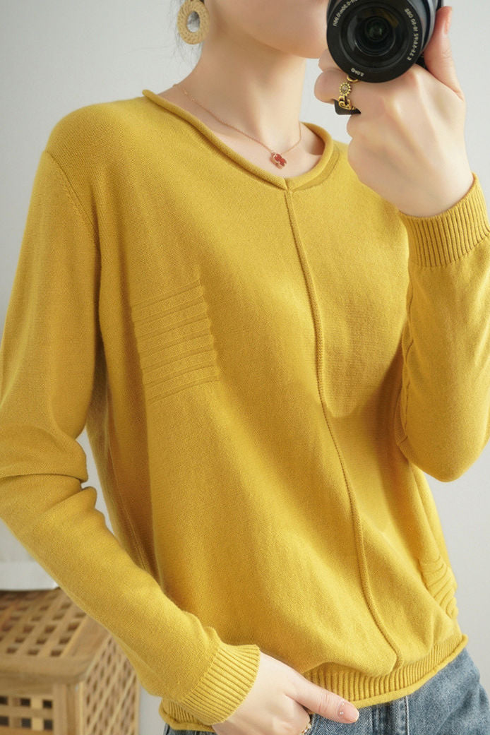 Casual Minimalist Pullover Solid-Color Long-Sleeve Knitted Top - liwisi