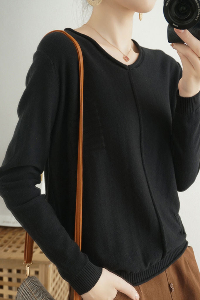 Casual Minimalist Pullover Solid-Color Long-Sleeve Knitted Top - liwisi