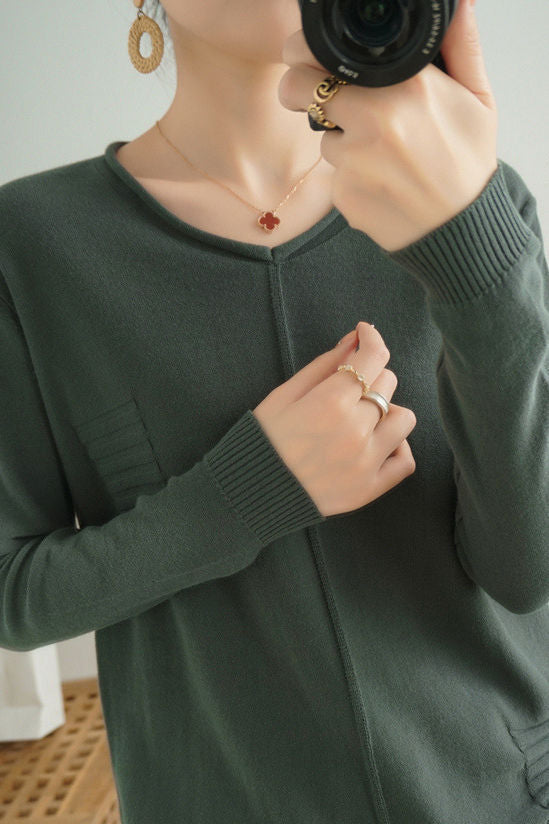 Casual Minimalist Pullover Solid-Color Long-Sleeve Knitted Top - liwisi