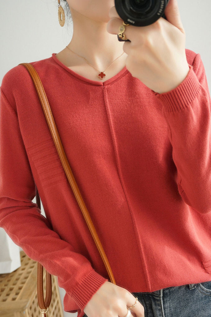 Casual Minimalist Pullover Solid-Color Long-Sleeve Knitted Top - liwisi