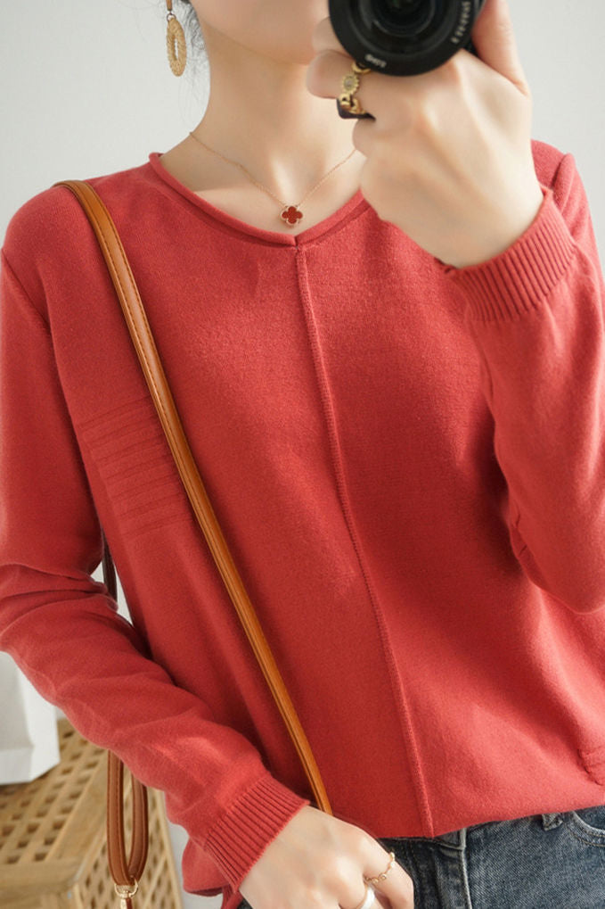 Casual Minimalist Pullover Solid-Color Long-Sleeve Knitted Top - liwisi