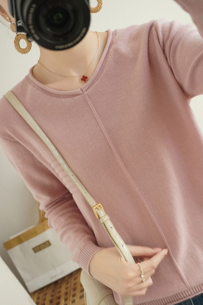 Casual Minimalist Pullover Solid-Color Long-Sleeve Knitted Top - liwisi