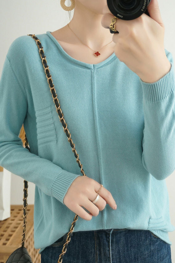 Casual Minimalist Pullover Solid-Color Long-Sleeve Knitted Top - liwisi