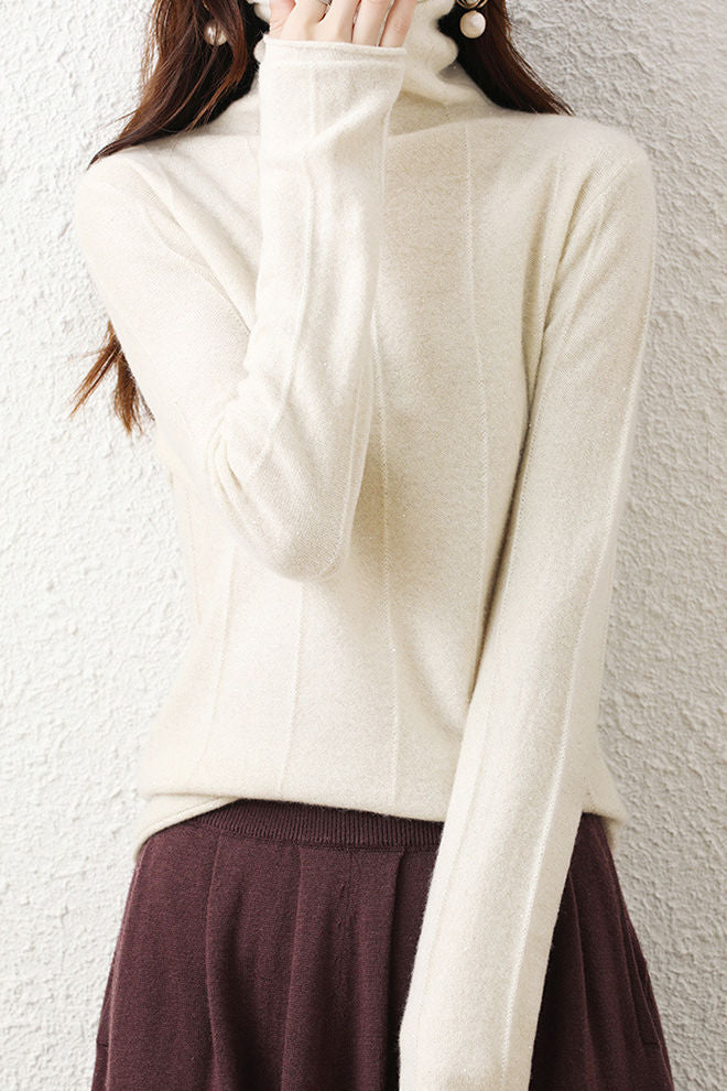 Casual High-Neck Solid-Color Ribbed Lurex Knitted Top - liwisi