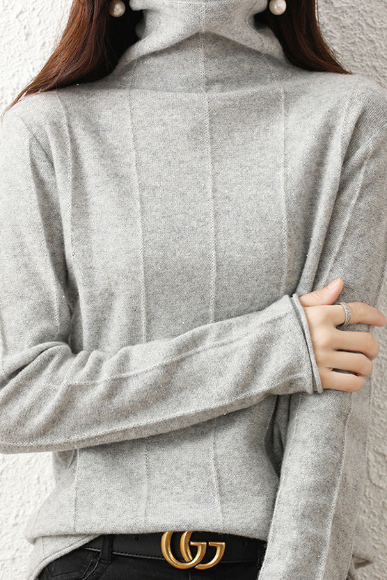 Casual High-Neck Solid-Color Ribbed Lurex Knitted Top - liwisi