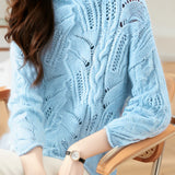 Casual Versatile Half-High Neck Hollow-Out Solid-Color Knitted Top