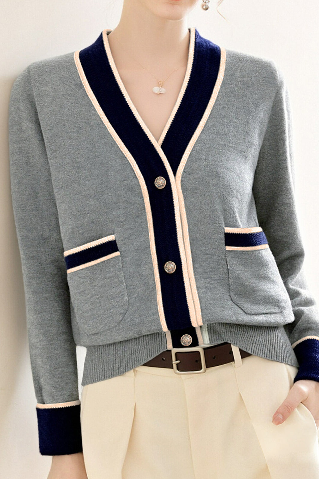 Casual Color-Block V-Neck Knitted Cardigan - liwisi