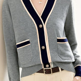 Casual Color-Block V-Neck Knitted Cardigan - liwisi