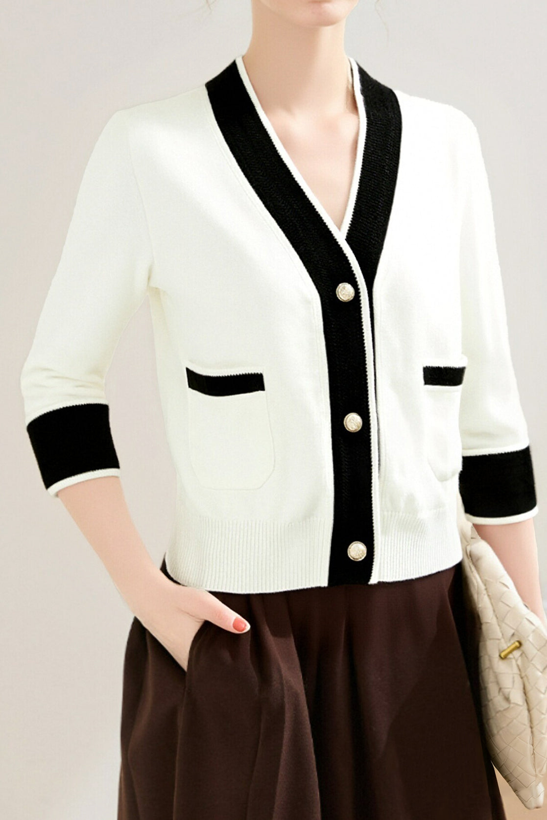 Casual Color-Block V-Neck Knitted Cardigan - liwisi
