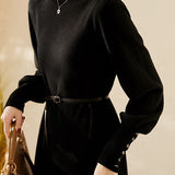 Minimalist Warm Half-High Neck Tie Knitted Dress - liwisi