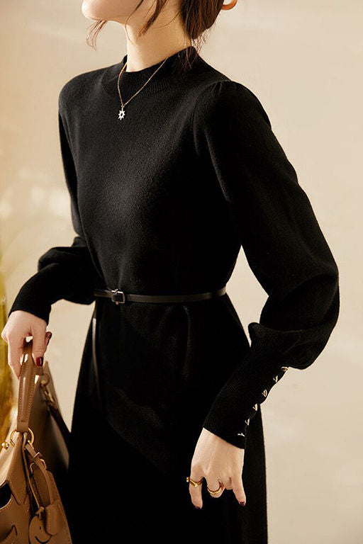 Minimalist Warm Half-High Neck Tie Knitted Dress - liwisi