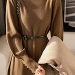Minimalist Warm Half-High Neck Tie Knitted Dress - liwisi