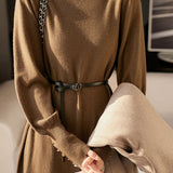 Minimalist Warm Half-High Neck Tie Knitted Dress - liwisi