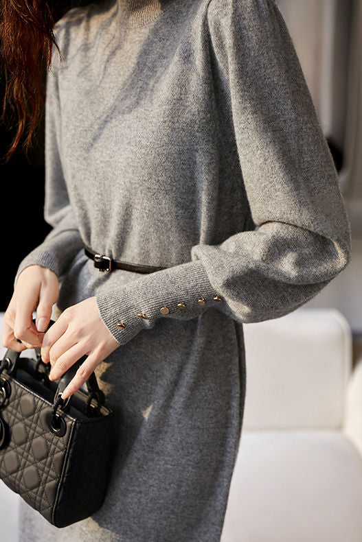 Minimalist Warm Half-High Neck Tie Knitted Dress - liwisi