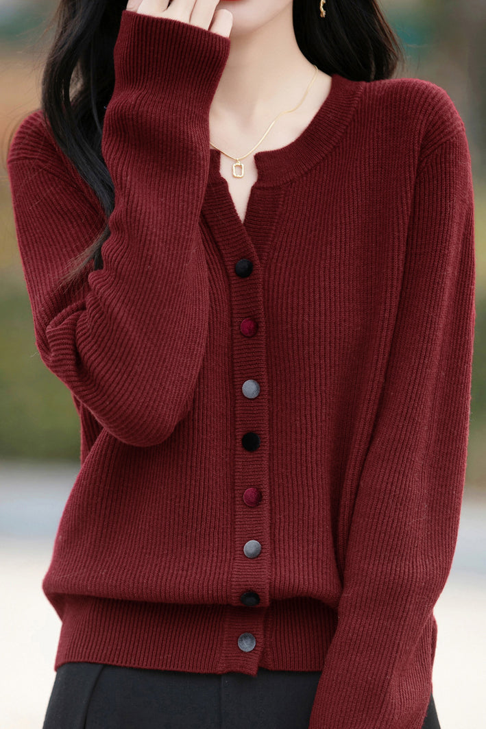 Casual Color-Block Button V-Neck Knitted Cardigan - liwisi