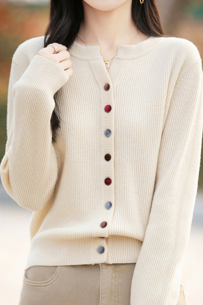 Casual Color-Block Button V-Neck Knitted Cardigan - liwisi