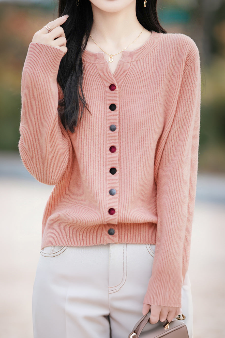 Casual Color-Block Button V-Neck Knitted Cardigan - liwisi