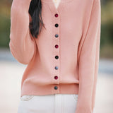 Casual Color-Block Button V-Neck Knitted Cardigan - liwisi
