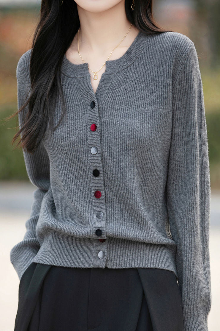 Casual Color-Block Button V-Neck Knitted Cardigan - liwisi