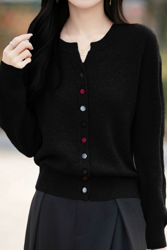 Casual Color-Block Button V-Neck Knitted Cardigan - liwisi