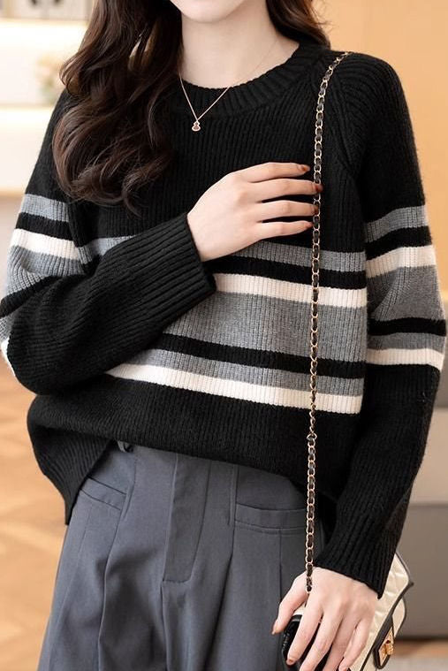 Casual Color-Block Striped Knitted Pullover Sweater - liwisi
