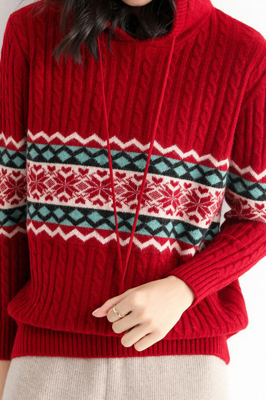 Casual Christmas Snowflake Ribbed Hooded Sweater - liwisi