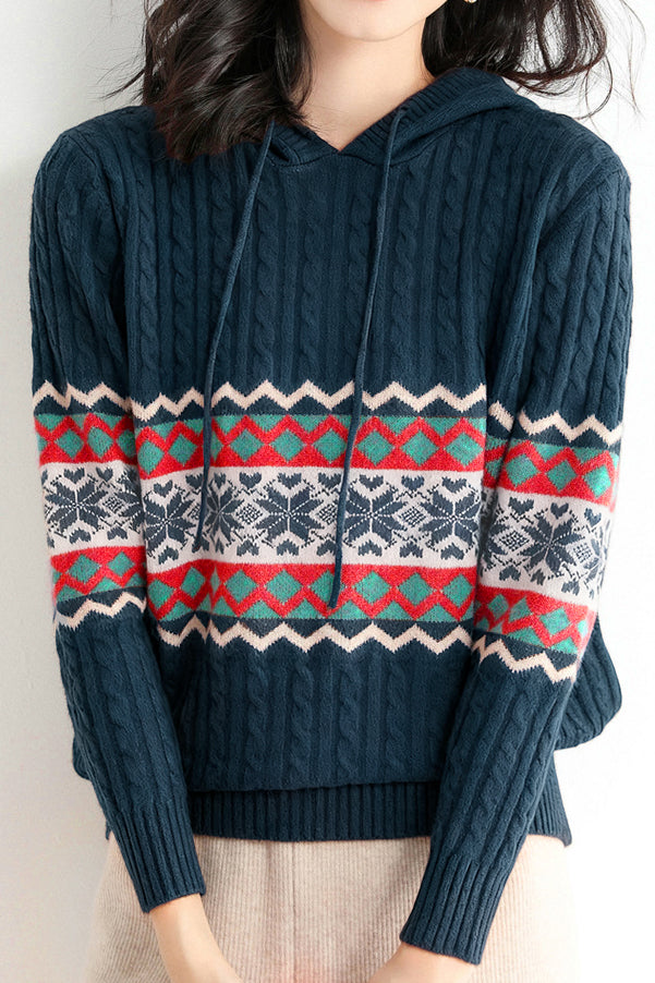 Casual Christmas Snowflake Ribbed Hooded Sweater - liwisi