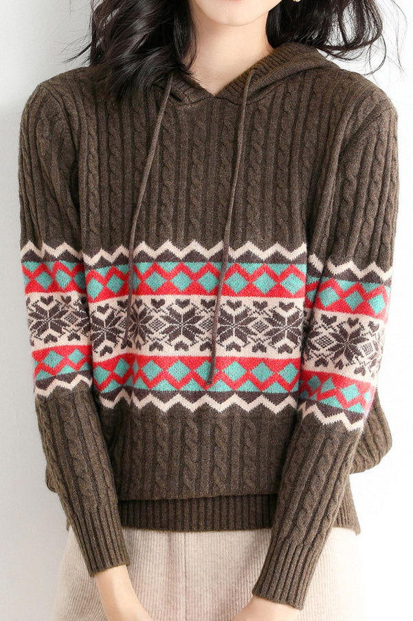 Casual Christmas Snowflake Ribbed Hooded Sweater - liwisi