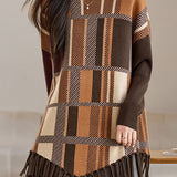 Casual Color-Block Plaid Fringed Pullover Sweater