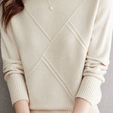 Casual Half-High Neck Diamond-Patterned Pullover Sweater