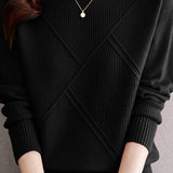 Casual Half-High Neck Diamond-Patterned Pullover Sweater