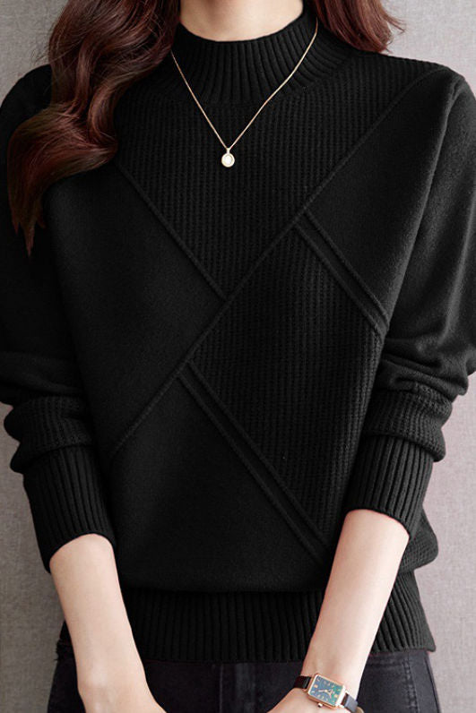 Casual Half-High Neck Diamond-Patterned Pullover Sweater - liwisi