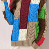 Casual Round Neck Color-Block Ribbed Sweater