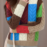 Casual Round Neck Color-Block Ribbed Sweater