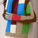 Casual Round Neck Color-Block Ribbed Sweater