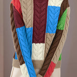 Casual Round Neck Color-Block Ribbed Sweater