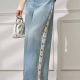 Casual Washed Lace Patchwork Straight Leg Jeans