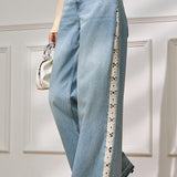 Casual Washed Lace Patchwork Straight Leg Jeans