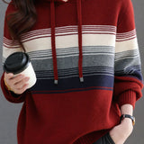 Casual Striped Color-Block Knitted Hooded Sweatshirt
