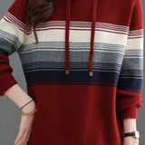 Casual Striped Color-Block Knitted Hooded Sweatshirt