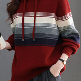 Casual Striped Color-Block Knitted Hooded Sweatshirt