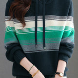 Casual Striped Color-Block Knitted Hooded Sweatshirt