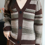 Casual Color-Block Striped V-Neck Long-Sleeve Cardigan