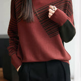 Casual Stand-Collar Asymmetric Color-Block Striped Sweater