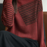 Casual Stand-Collar Asymmetric Color-Block Striped Sweater