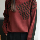 Casual Stand-Collar Asymmetric Color-Block Striped Sweater